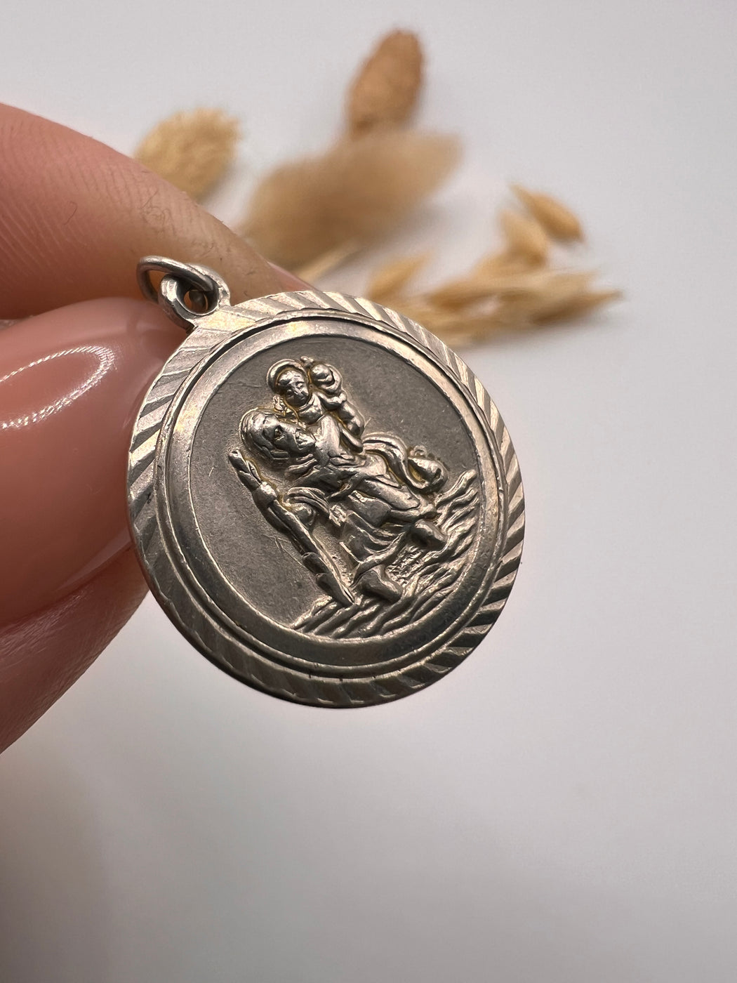 Vintage Silver St.Christophers Charm With Engine Turned Detail