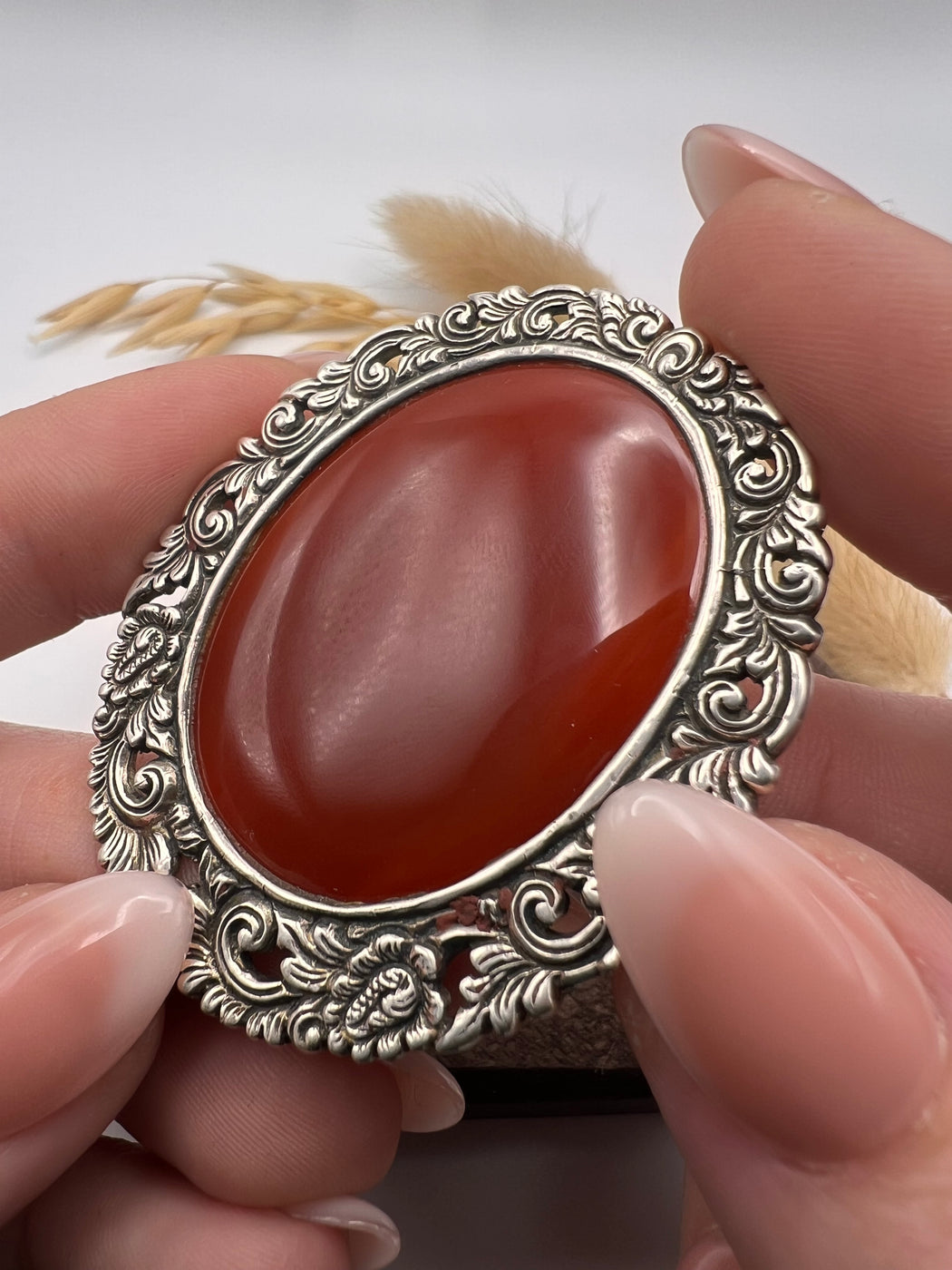 Carnelian Stirling Silver Cabochon Brooch