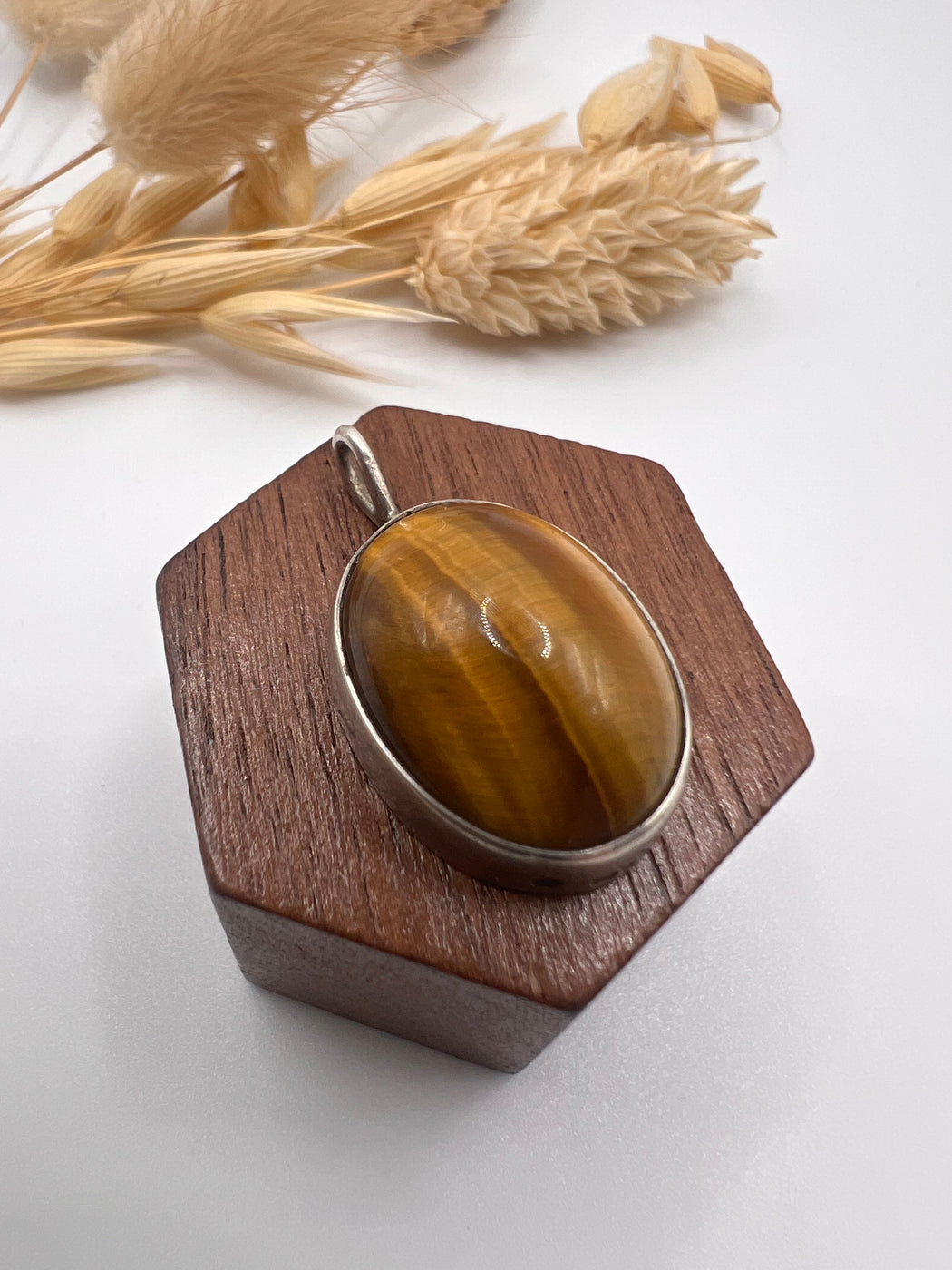 Vintage Silver Mounted Tigers Eye Cabochon Pendant