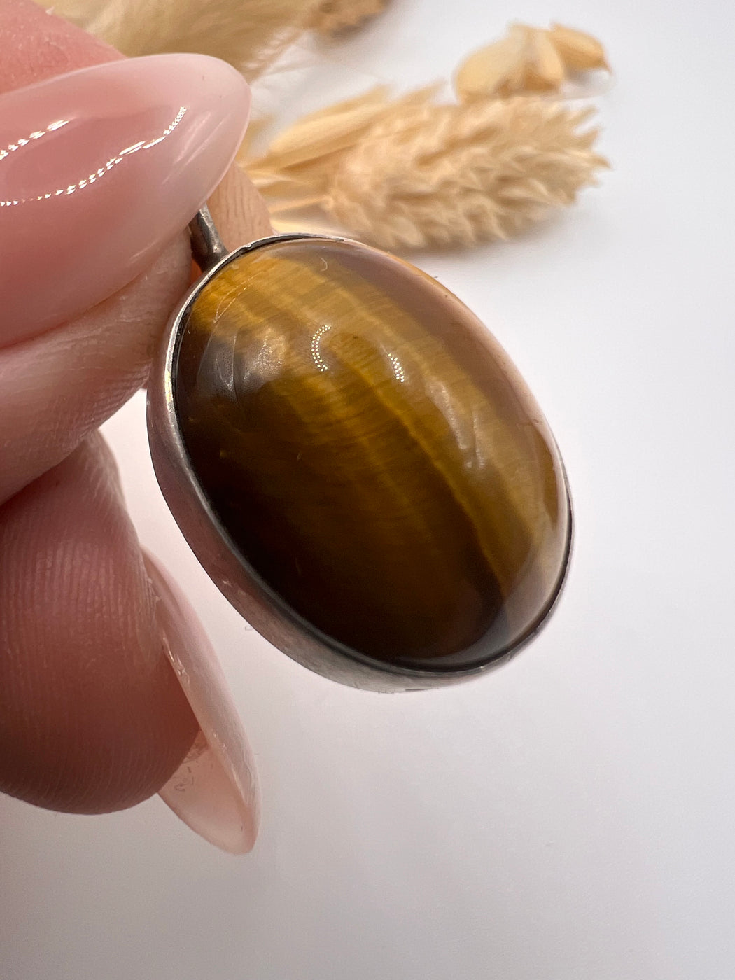 Vintage Silver Mounted Tigers Eye Cabochon Pendant