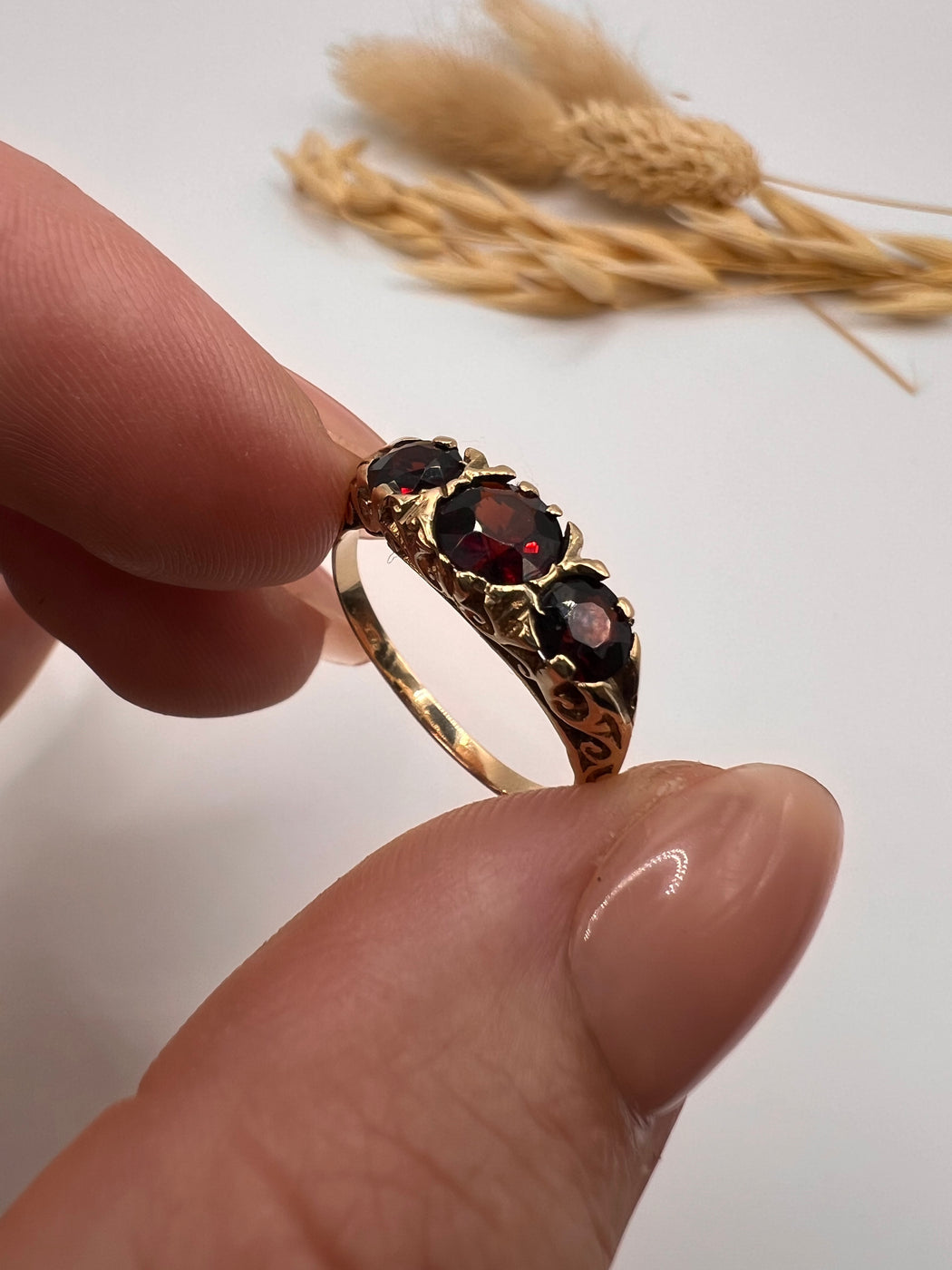 9ct Yellow Gold Garnet Trilogy Ring