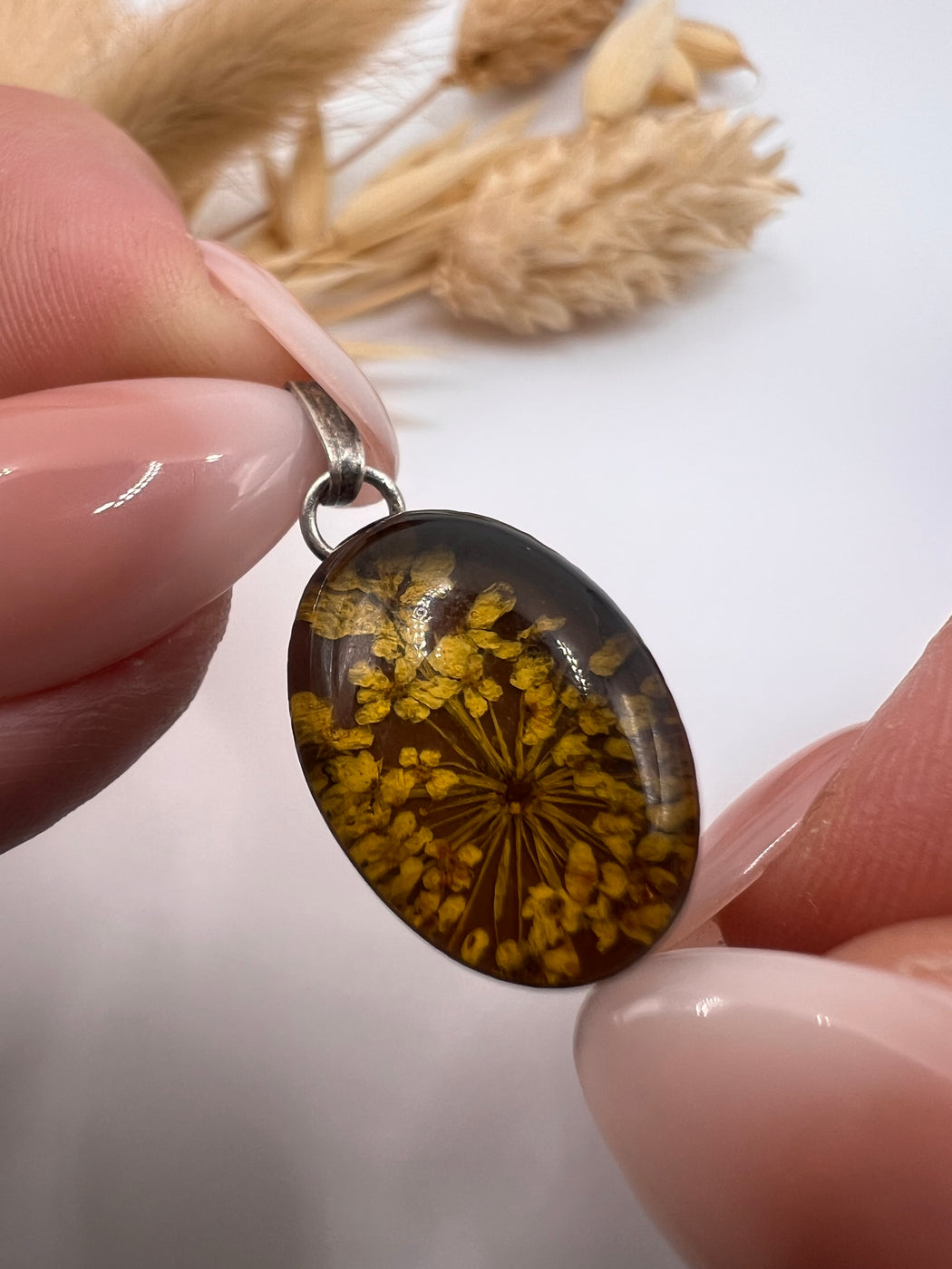 Vintage Silver Mount Pressed Wild Flowers Pendant