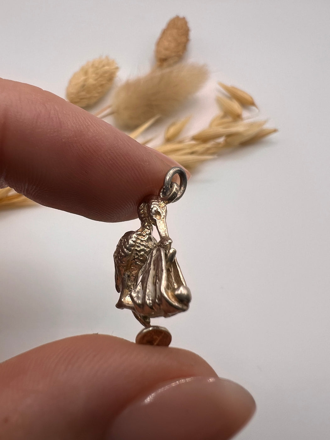 Vintage Silver Articulated Stork With Baby Charm