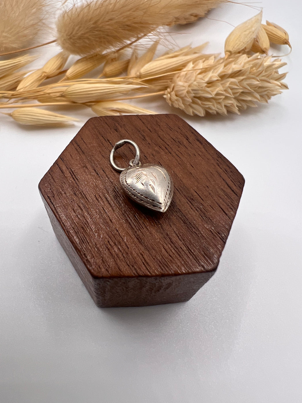 Vintage Silver Patterned Puffy Heart Charm