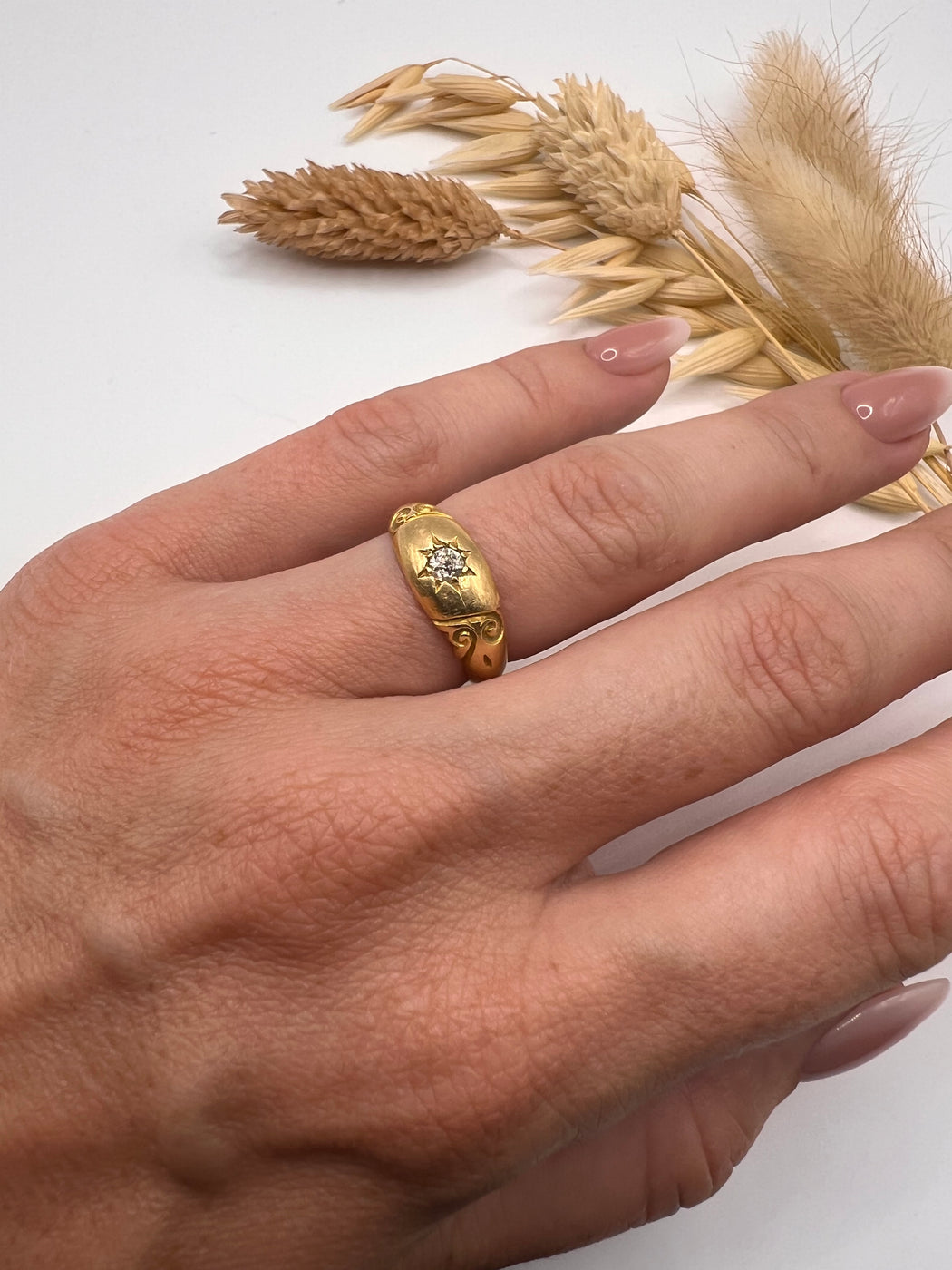 Old Cut Star Set Gypsy Ring With Shoulder Detail