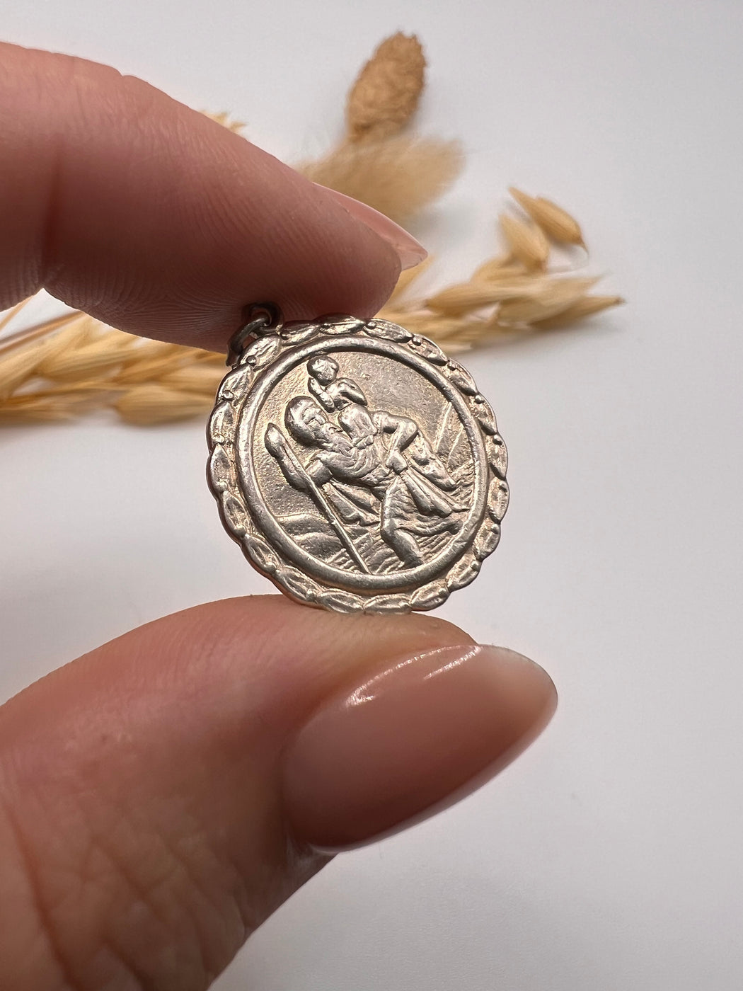 Vintage Silver St.Christophers Charm With Leaf Detail