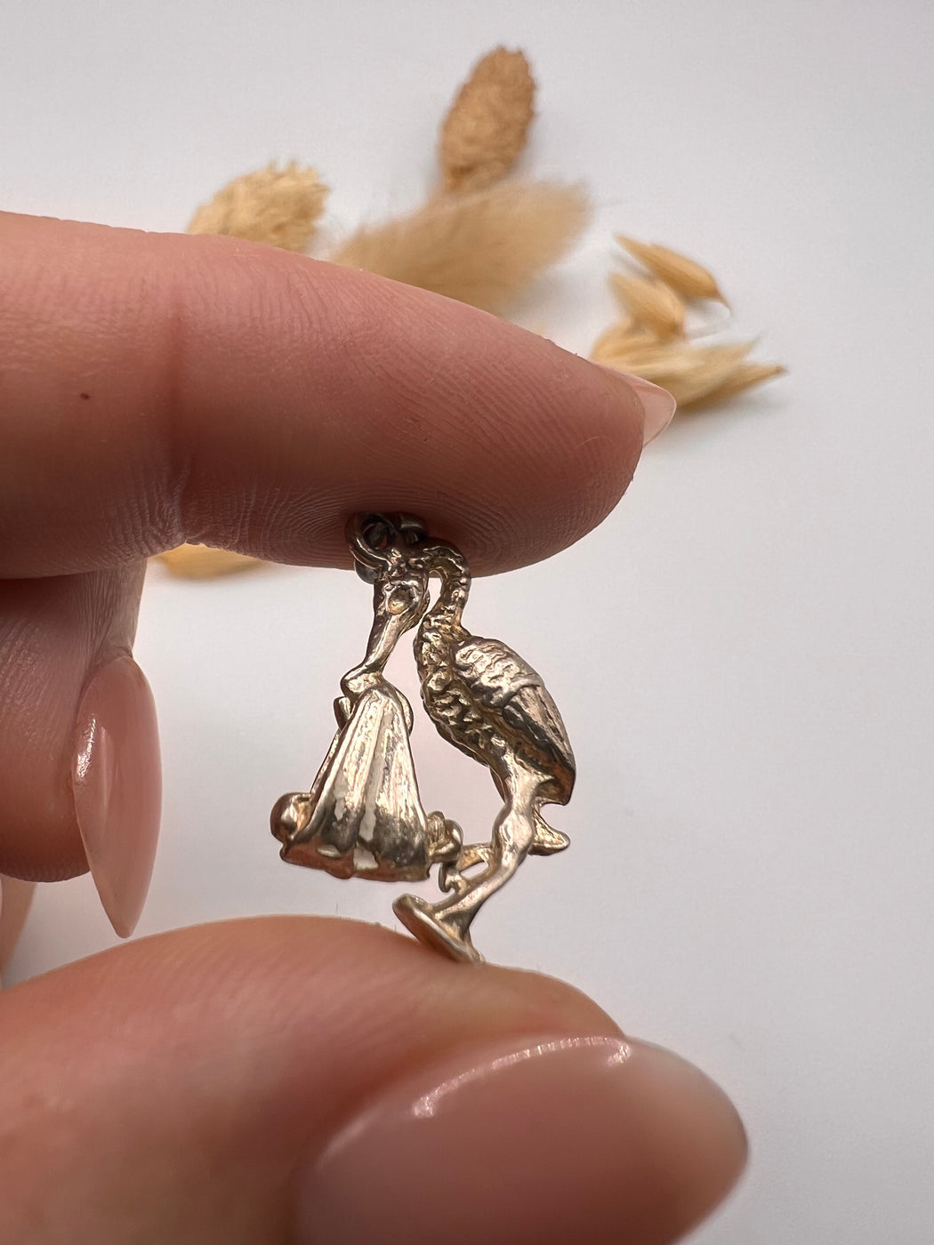 Vintage Silver Articulated Stork With Baby Charm