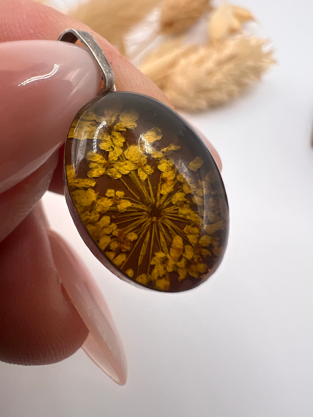 Vintage Silver Mount Pressed Wild Flowers Pendant