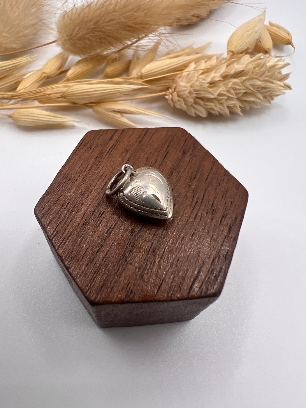 Vintage Silver Patterned Puffy Heart Charm