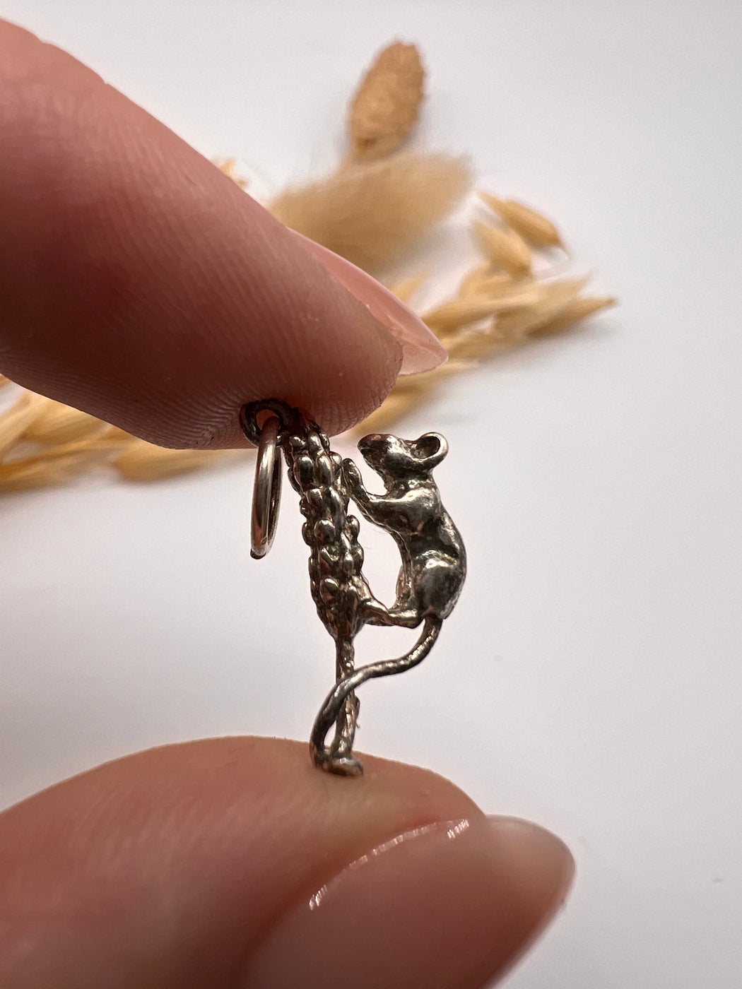 Vintage Silver Mouse On Wheat Charm
