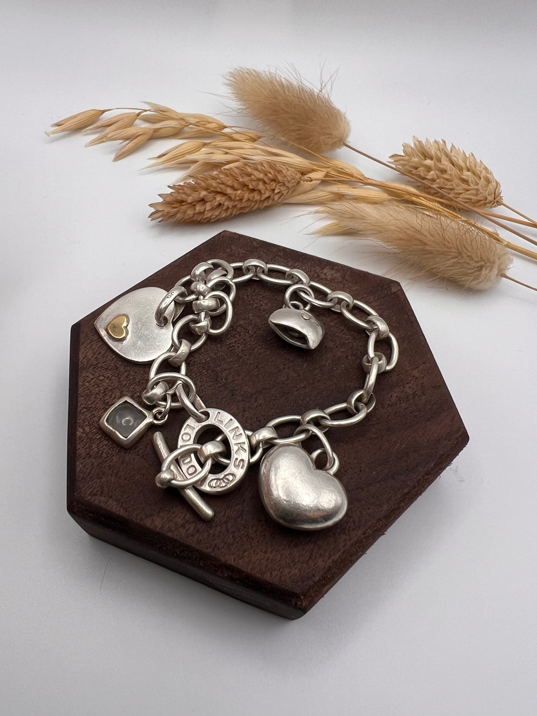 Vintage 2005 Links of London Sterling Silver Heart Charm Bracelet