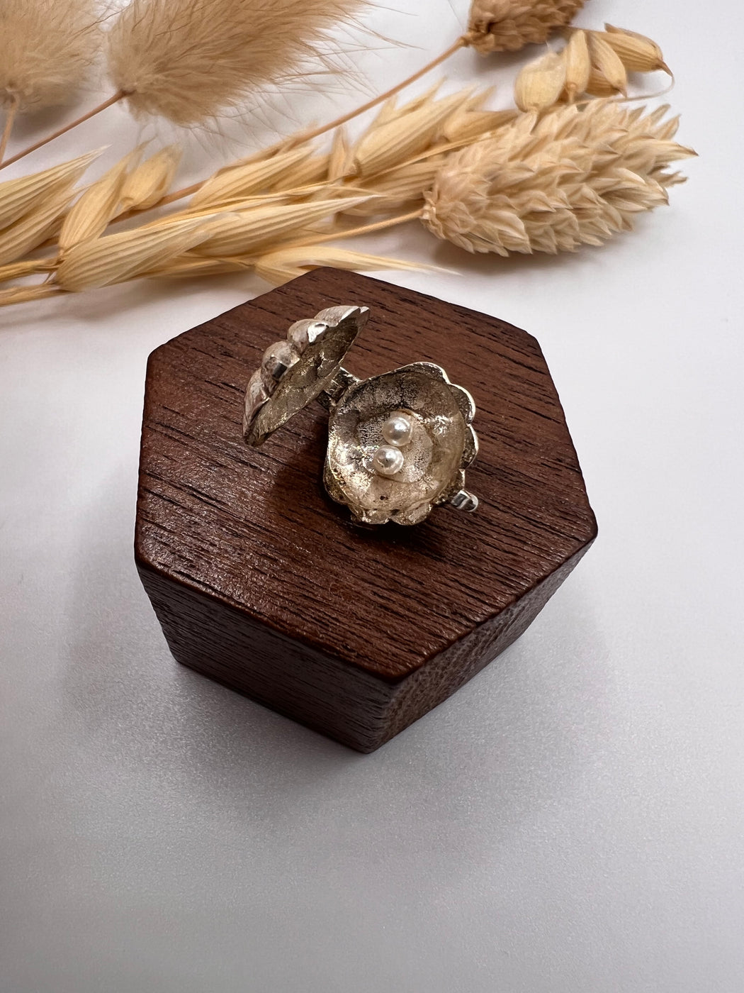 Vintage Silver Articulated Oyster With Pearls Charm