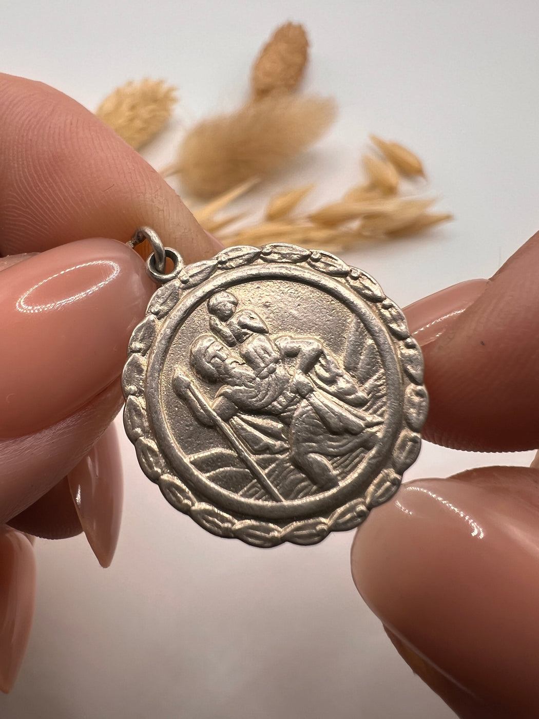 Vintage Silver St.Christophers Charm With Leaf Detail