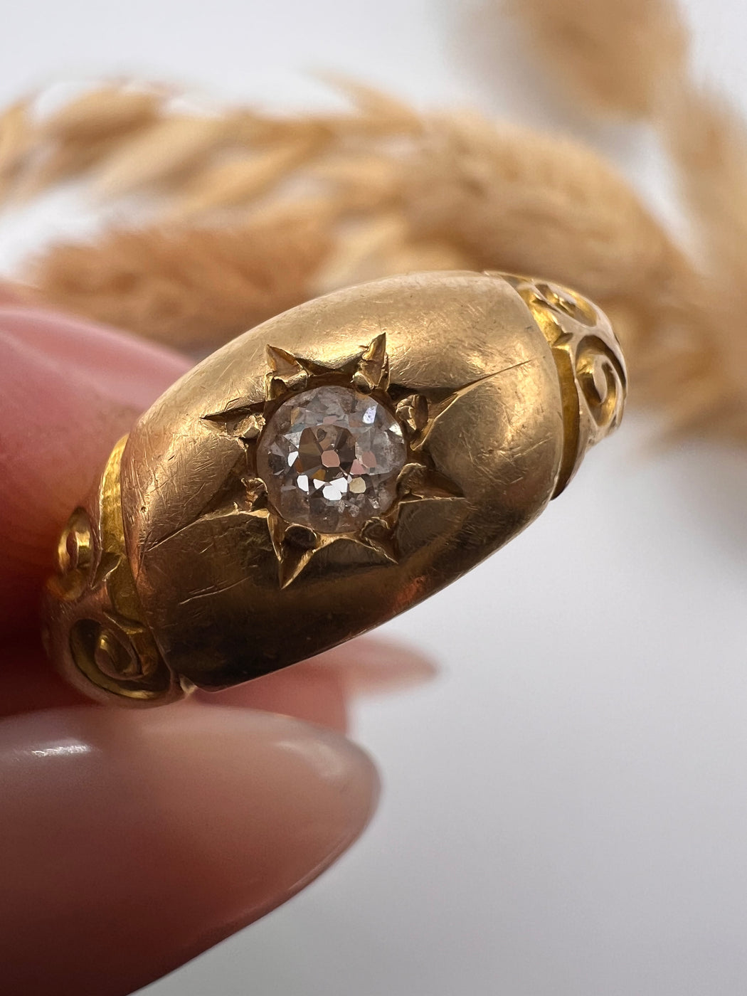 Old Cut Star Set Gypsy Ring With Shoulder Detail