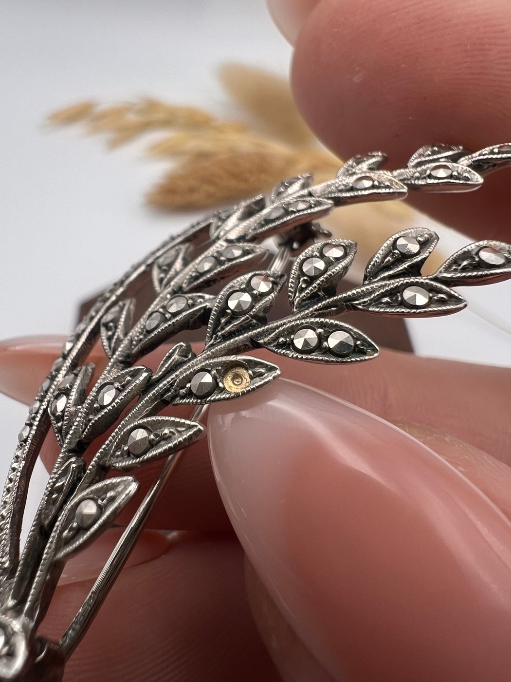 Vintage Silver Marcasites Leaf Brooch