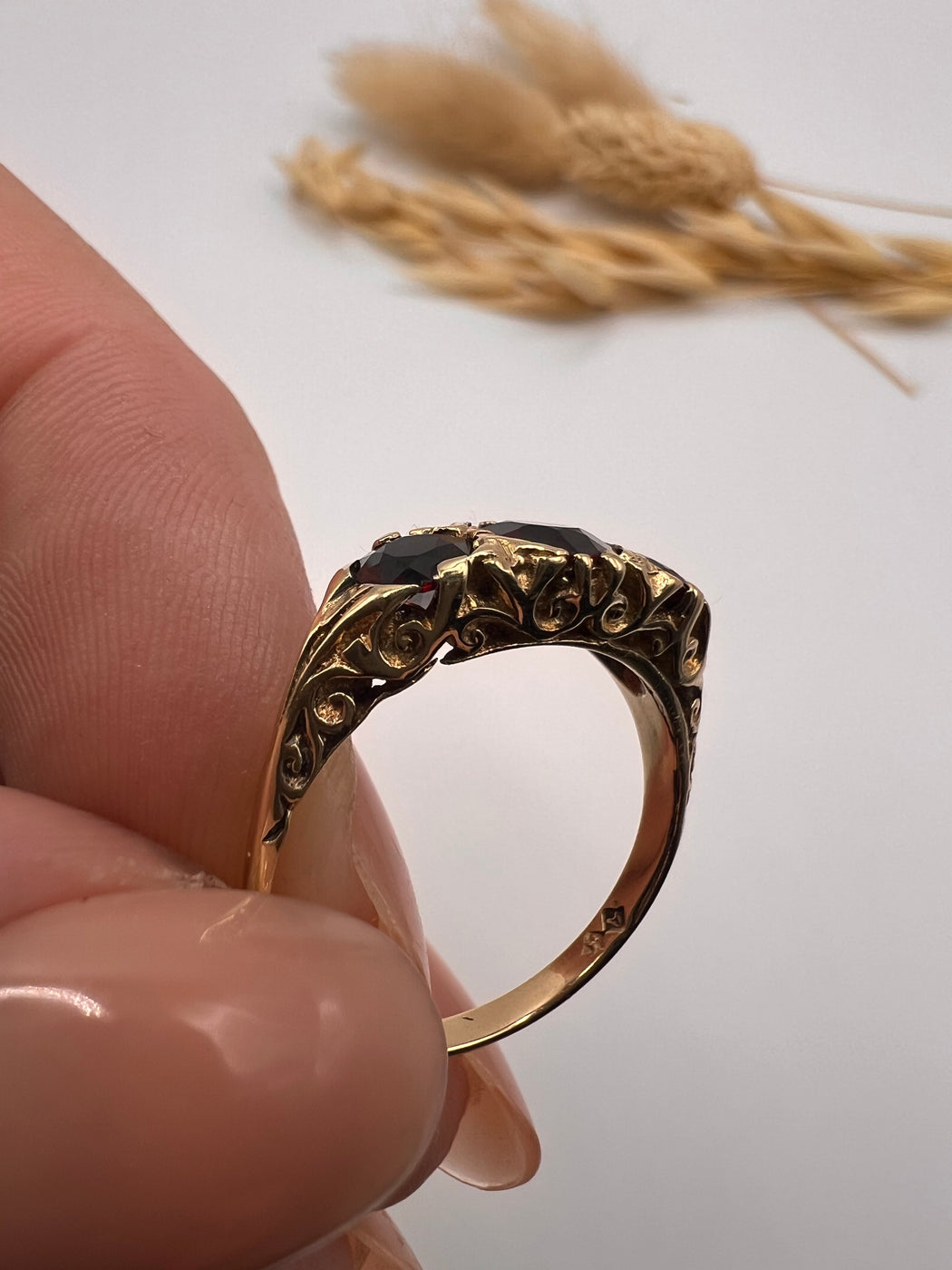 9ct Yellow Gold Garnet Trilogy Ring