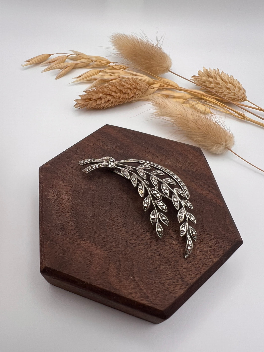 Vintage Silver Marcasites Leaf Brooch