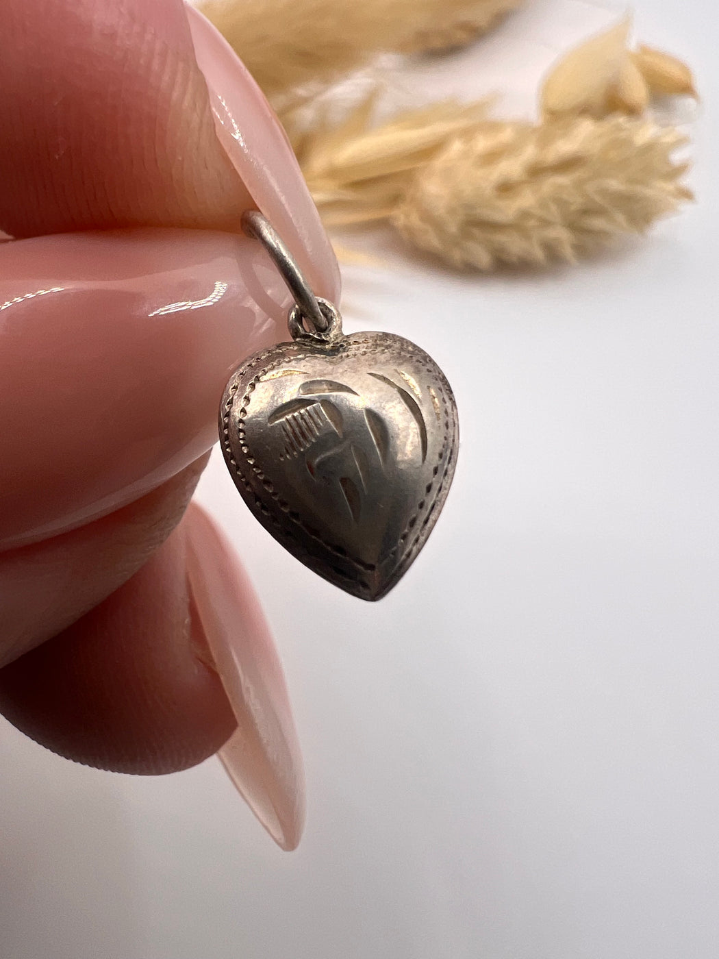Vintage Silver Patterned Puffy Heart Charm