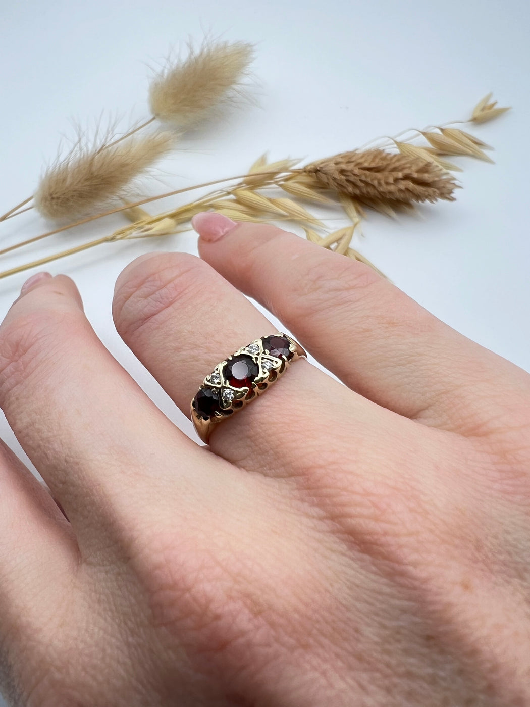 9ct Garnet and CZ Trilogy ring