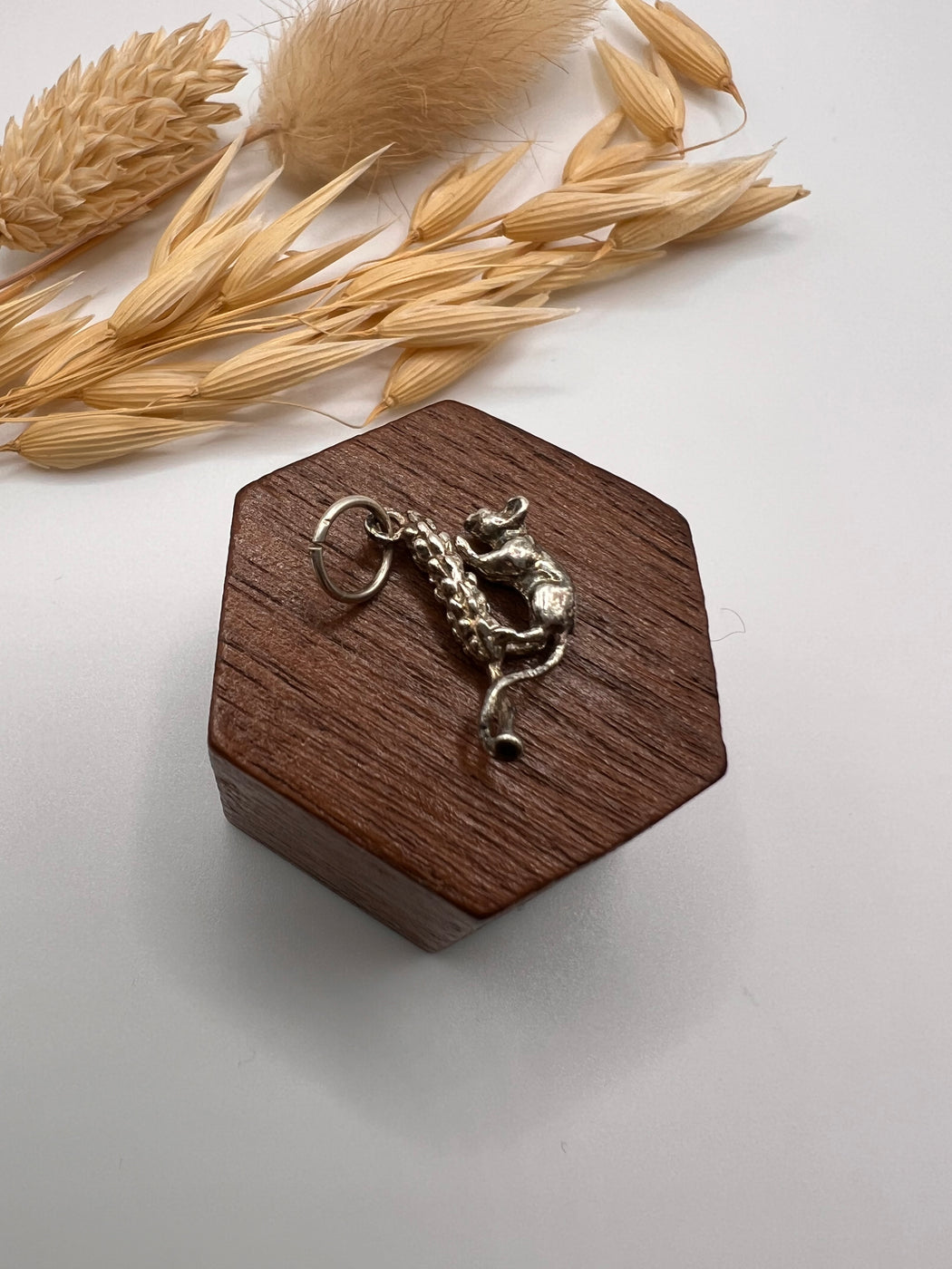 Vintage Silver Mouse On Wheat Charm