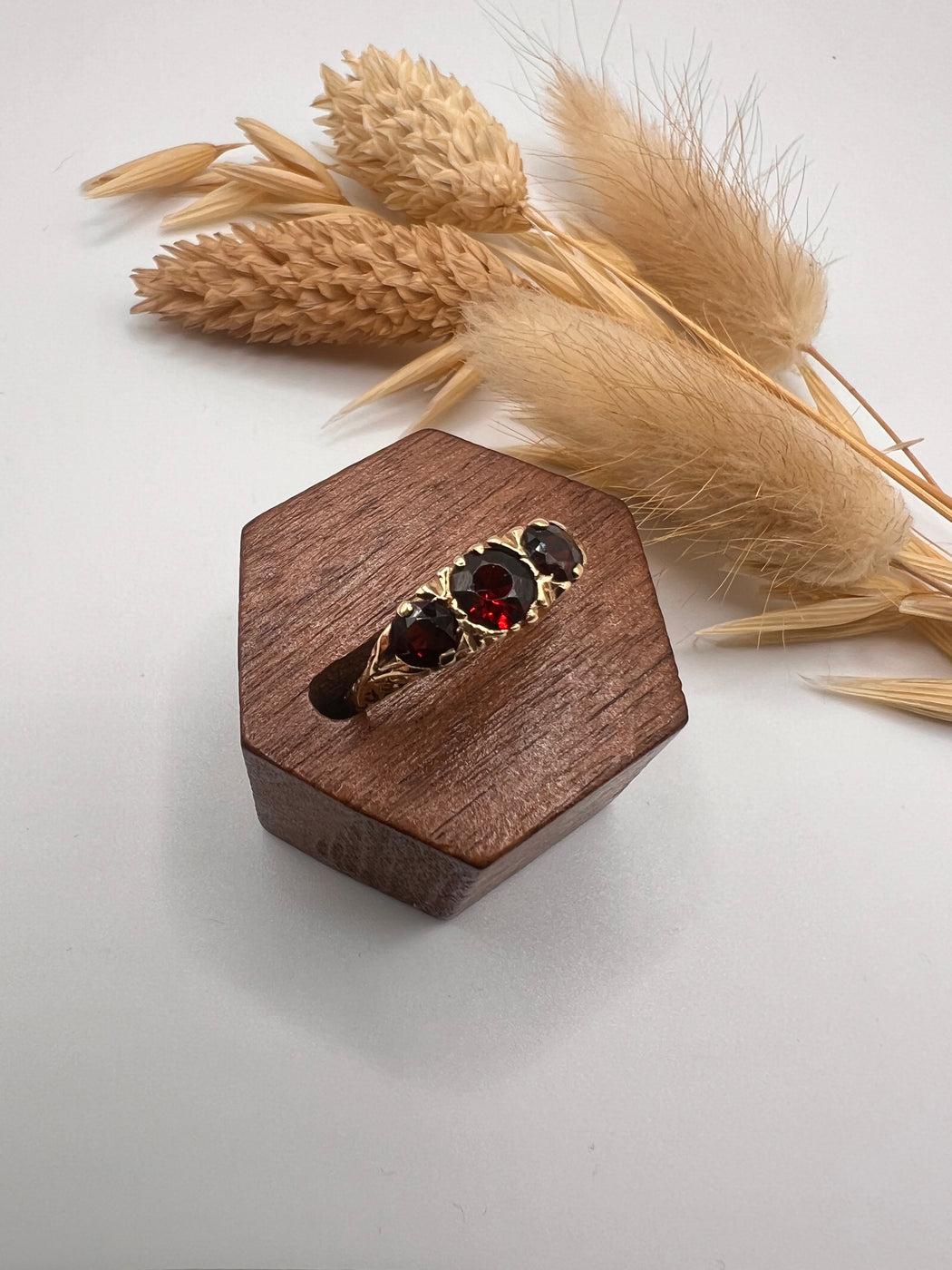9ct Yellow Gold Garnet Trilogy Ring