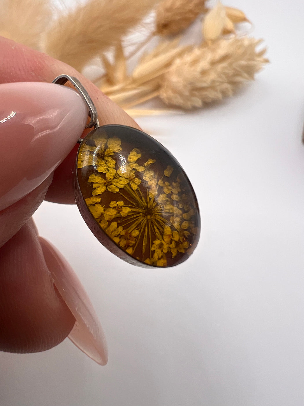 Vintage Silver Mount Pressed Wild Flowers Pendant