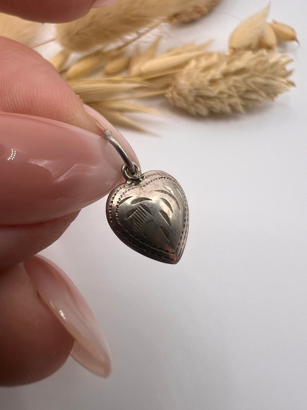Vintage Silver Patterned Puffy Heart Charm