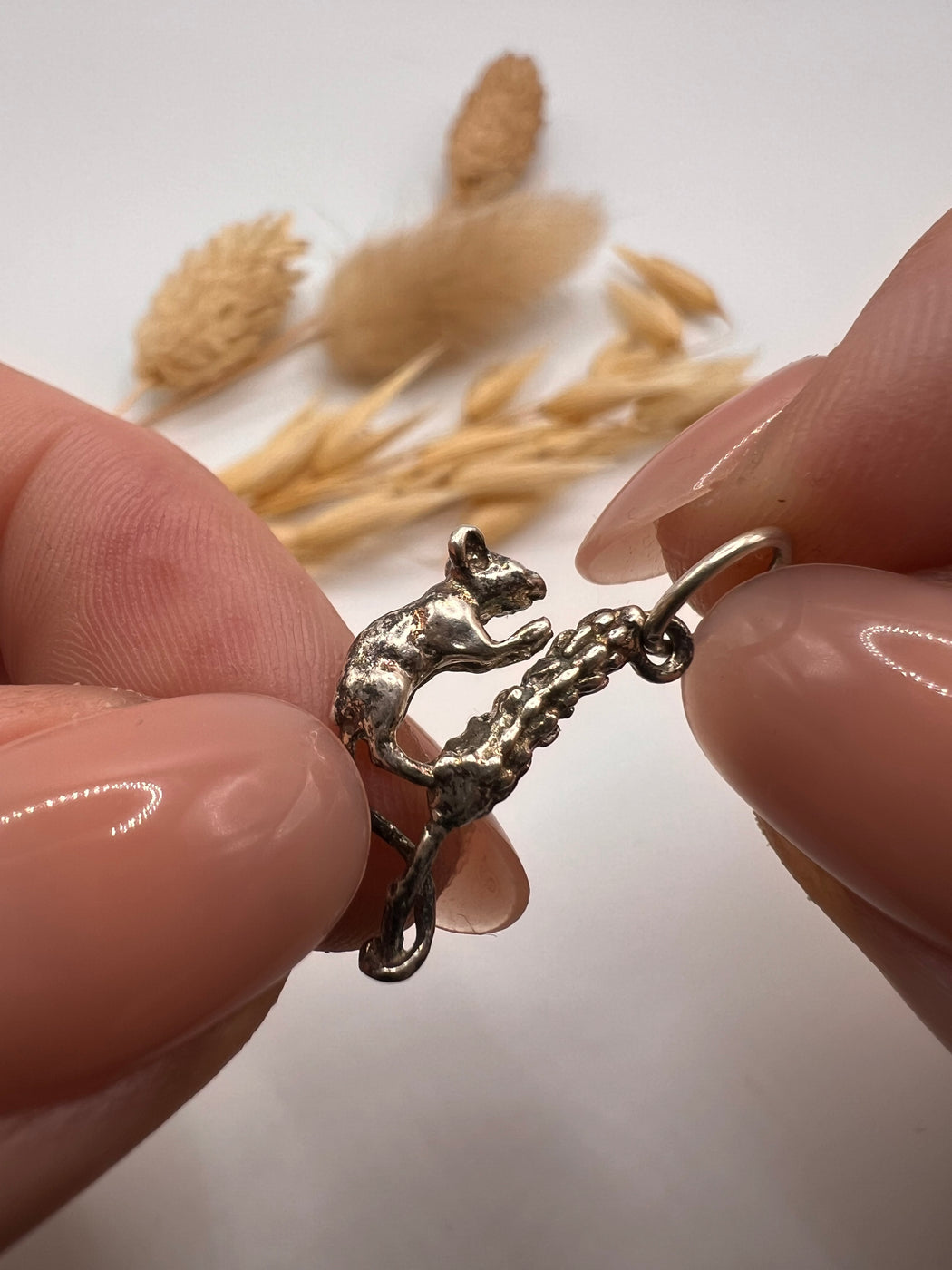 Vintage Silver Mouse On Wheat Charm