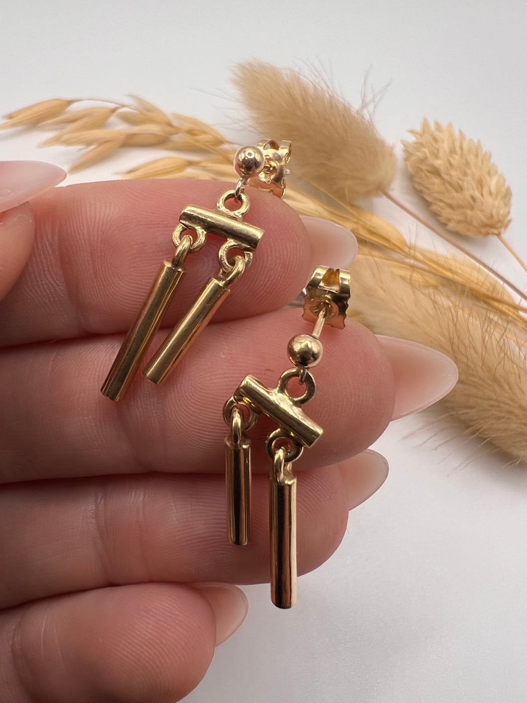 Vintage Gold Bar Dangle Stud Earrings