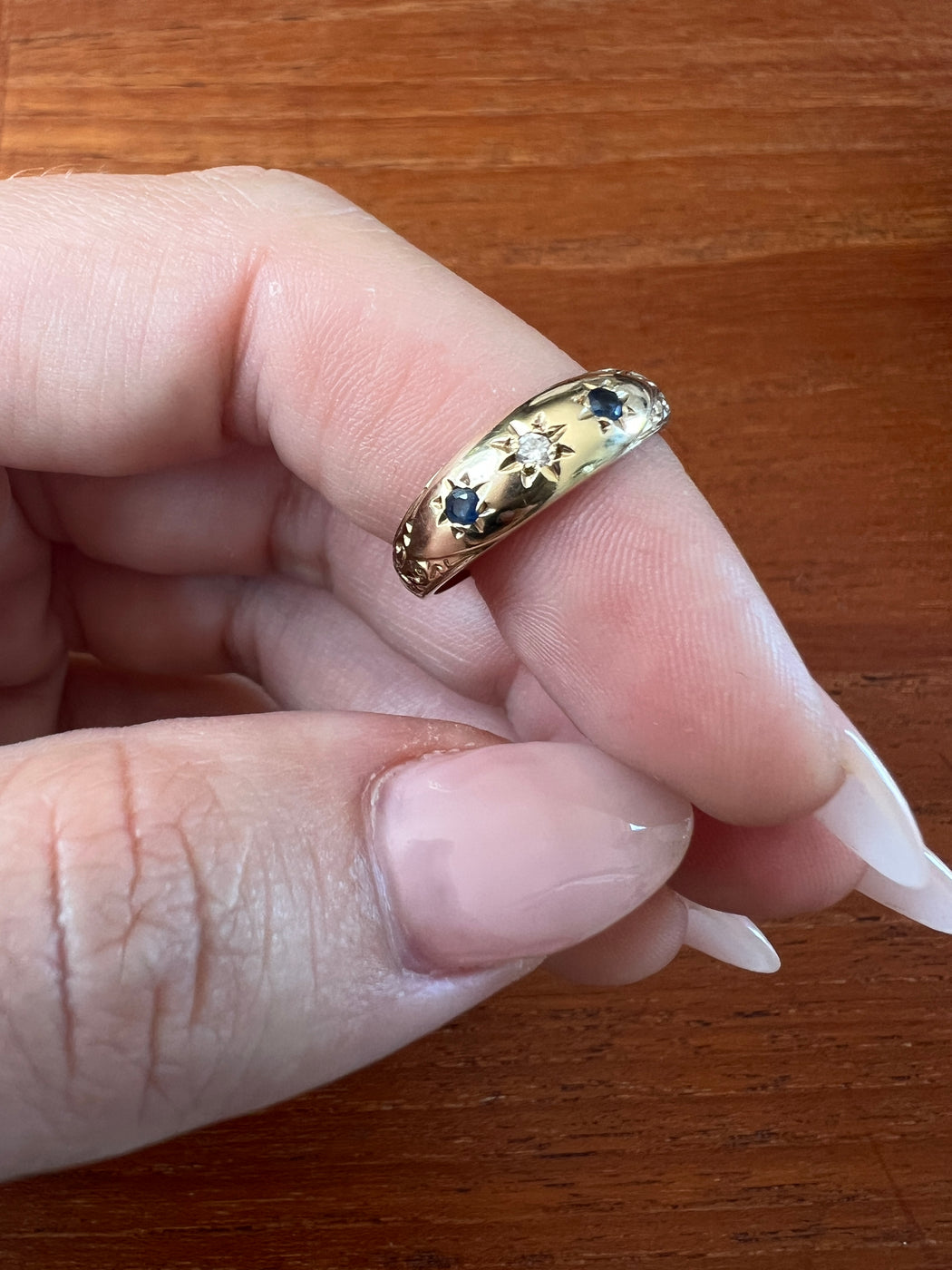 Sapphire And Diamond 9ct Gold Gypsy Ring Size L