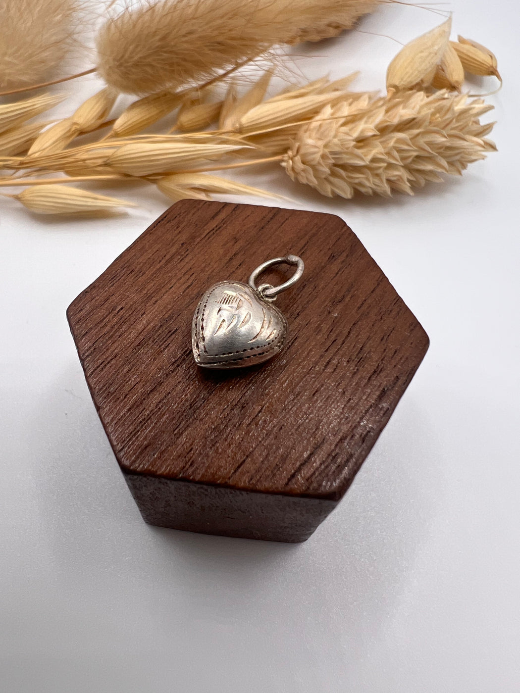 Vintage Silver Patterned Puffy Heart Charm