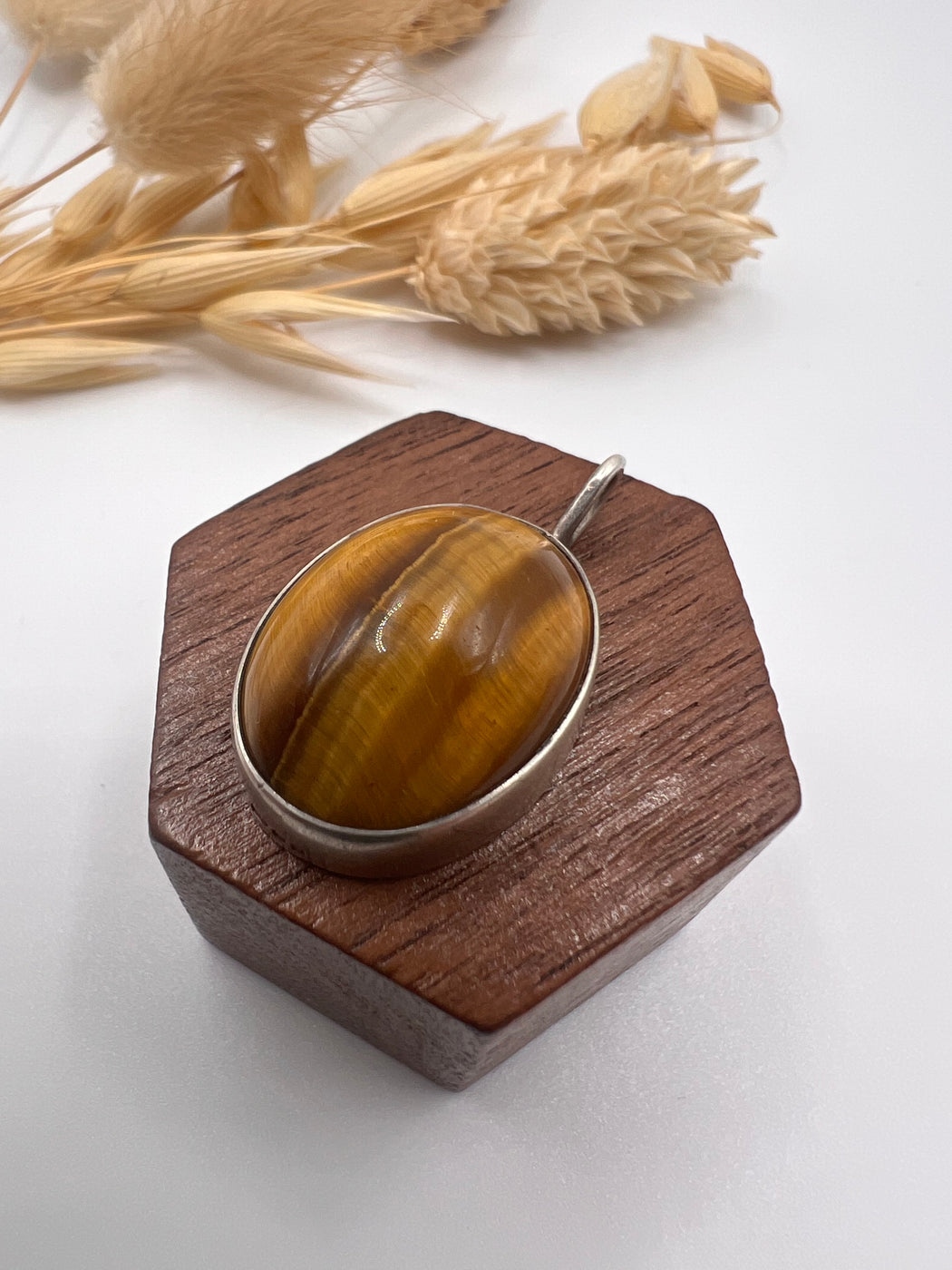Vintage Silver Mounted Tigers Eye Cabochon Pendant