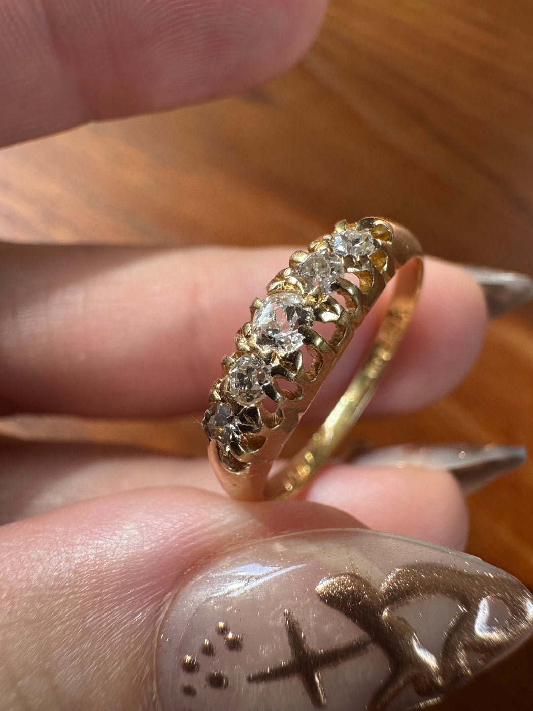 Antique 18ct Yellow Gold Boat Style Diamond Ring Size N