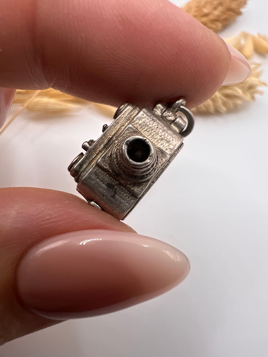 Vintage Silver Articulated Bird In Camera Charm