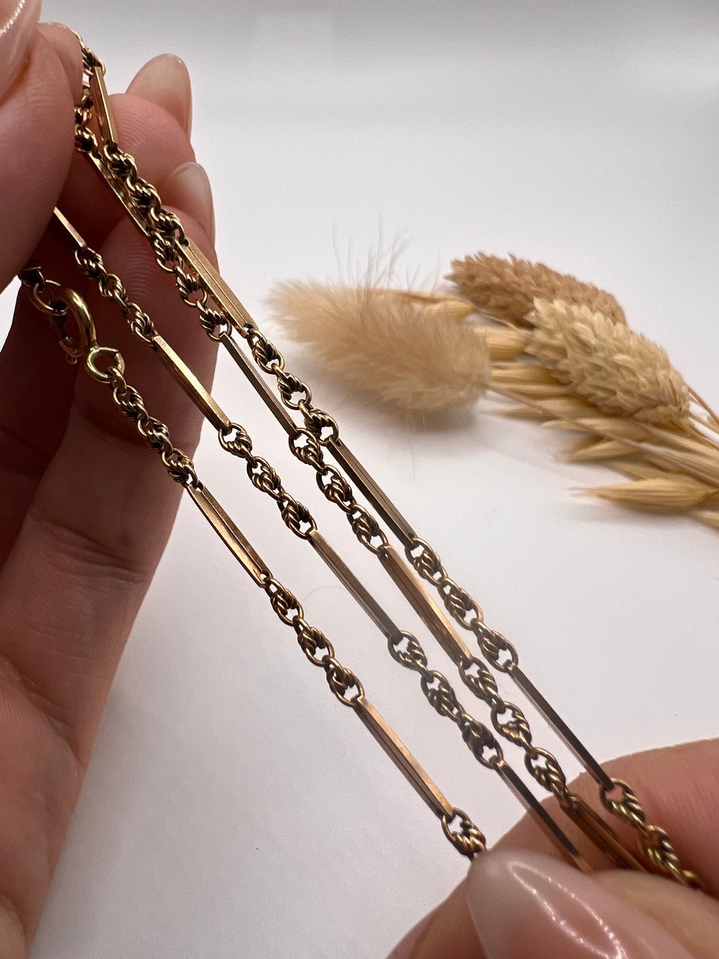 Antique Edwardian 9ct Baton And Lovers Knot Chain Necklace