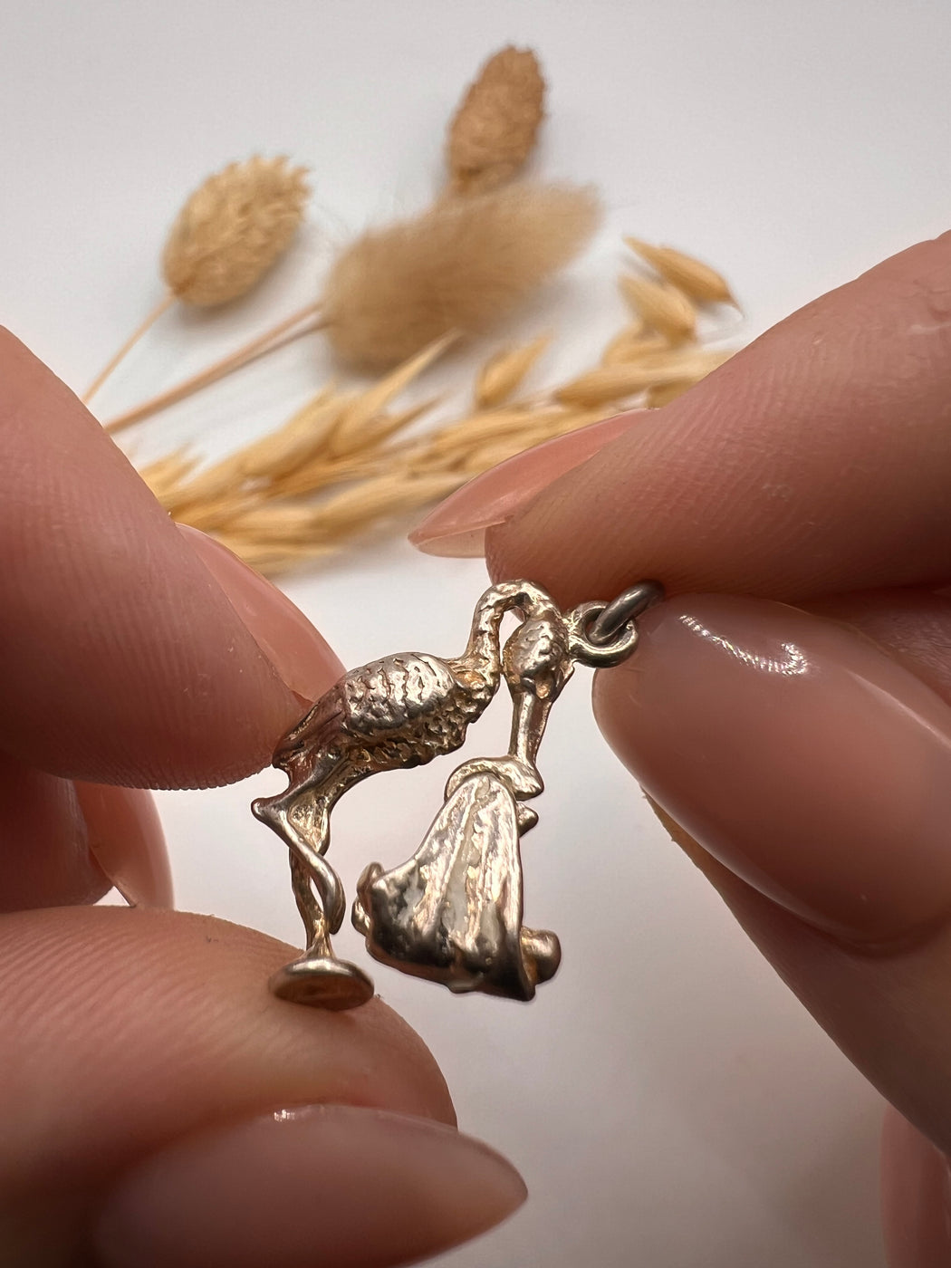 Vintage Silver Articulated Stork With Baby Charm