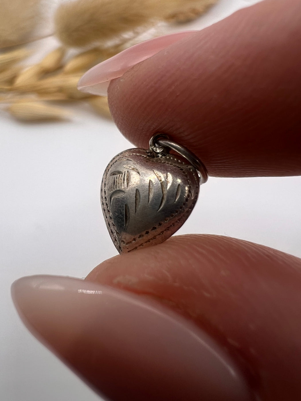 Vintage Silver Patterned Puffy Heart Charm