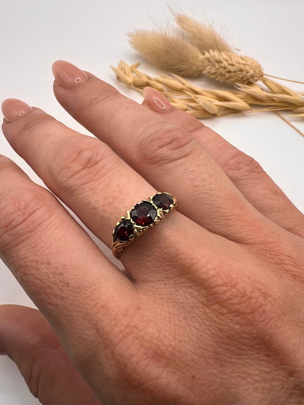 9ct Yellow Gold Garnet Trilogy Ring